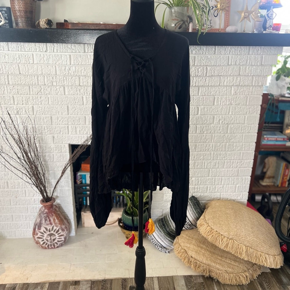 Black Asymmetrical Long Sleeve Blouse